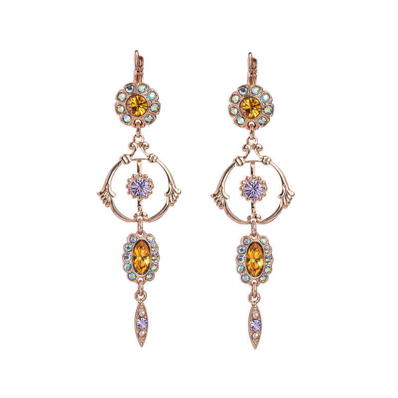 Long Dangling Double Stone Cluster and Round Leverback Earrings