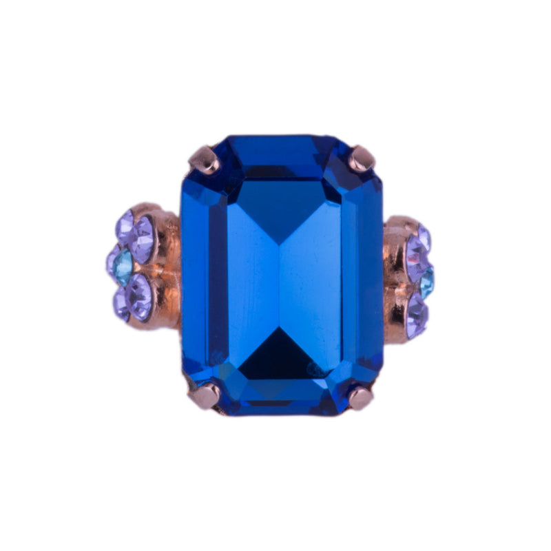Large Emerald Cut Flower Ring in "Electric Blue"