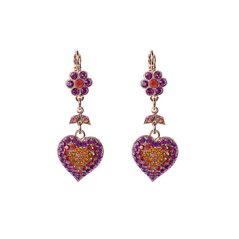 Flower and Heart Dangle Leverback Earrings in "Hibiscus"