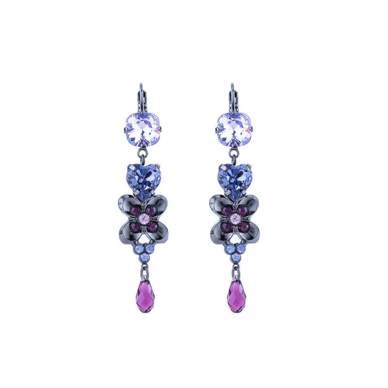 Heart and Flower Dangle Leverback Earrings in "Wildberry"