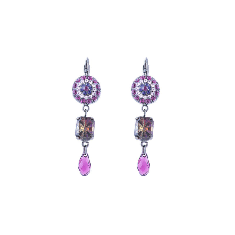 Round Pavé Emerald Cut Leverback Earrings in "Wildberry"