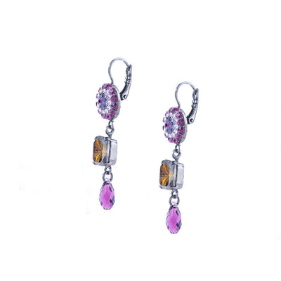 Round Pavé Emerald Cut Leverback Earrings in "Wildberry"