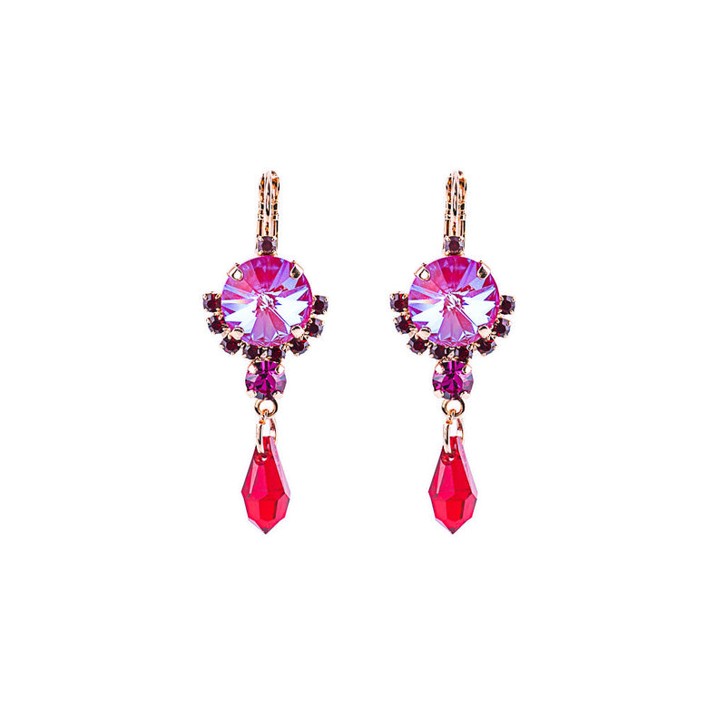 Rivoli Cluster Leverback Earrings with Briolette Dangle in "Hibiscus"