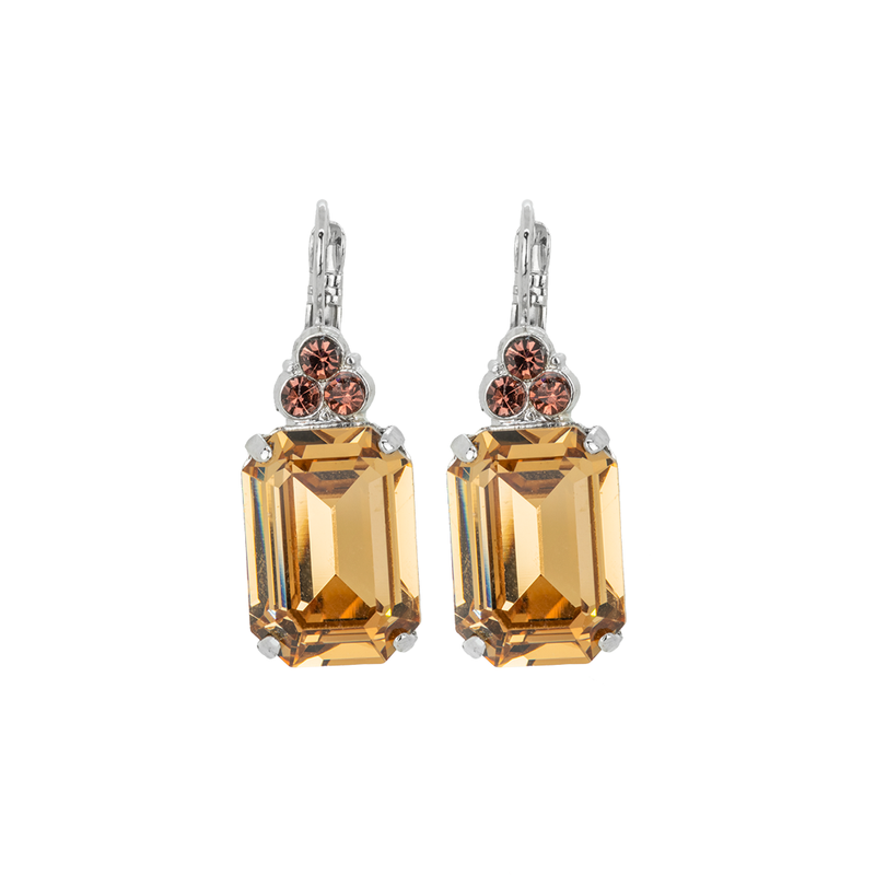 Large Emerald Cut Leverback Earring with Round Top Stones "Meadow Brown"