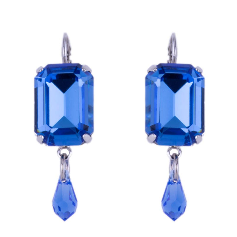 Extra Luxurious Emerald Cut Leverback Earrings With Briolette in "Electric Blue"