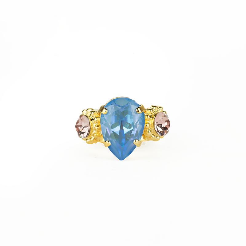 Pear and Round Three Stone Ring in "Blue Morpho"